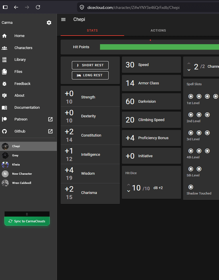 DiceCloud character sheet - sync source