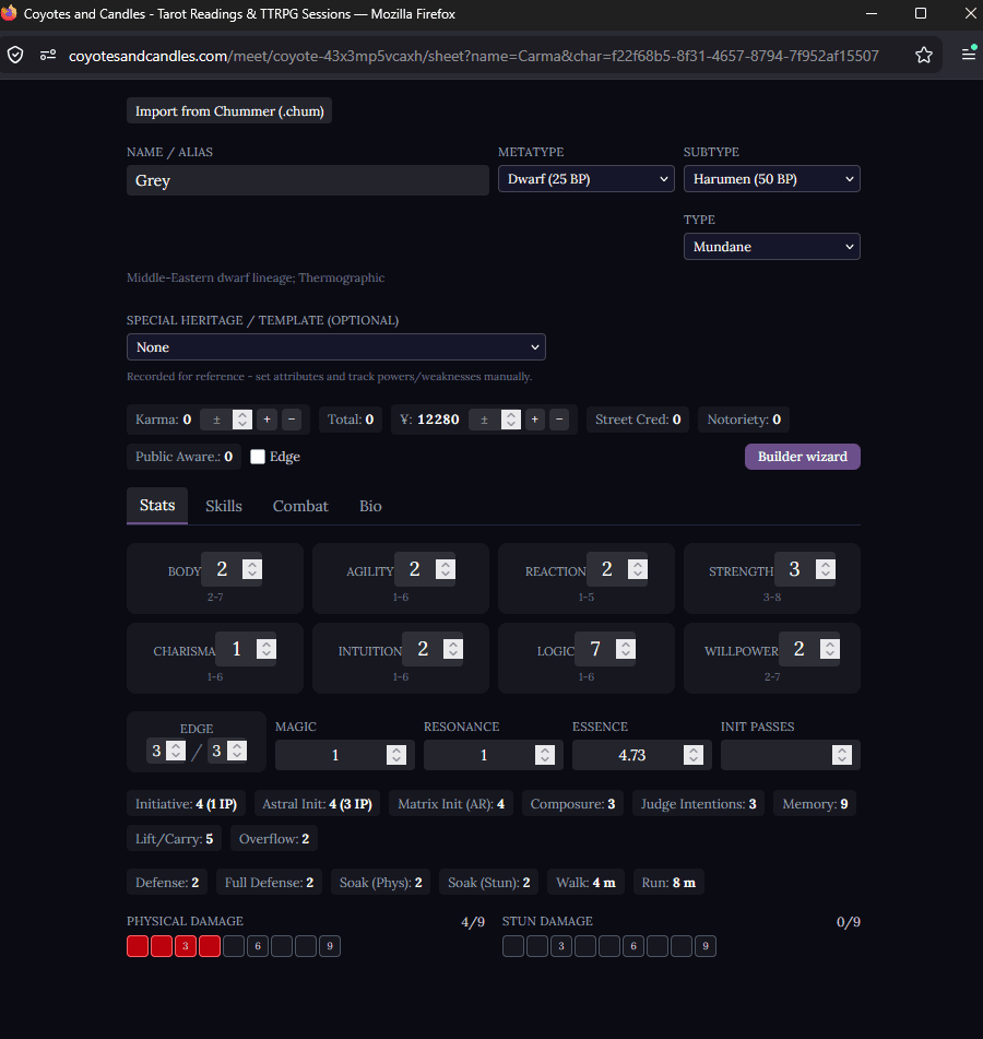 Shadowrun 4e character sheet in VTT